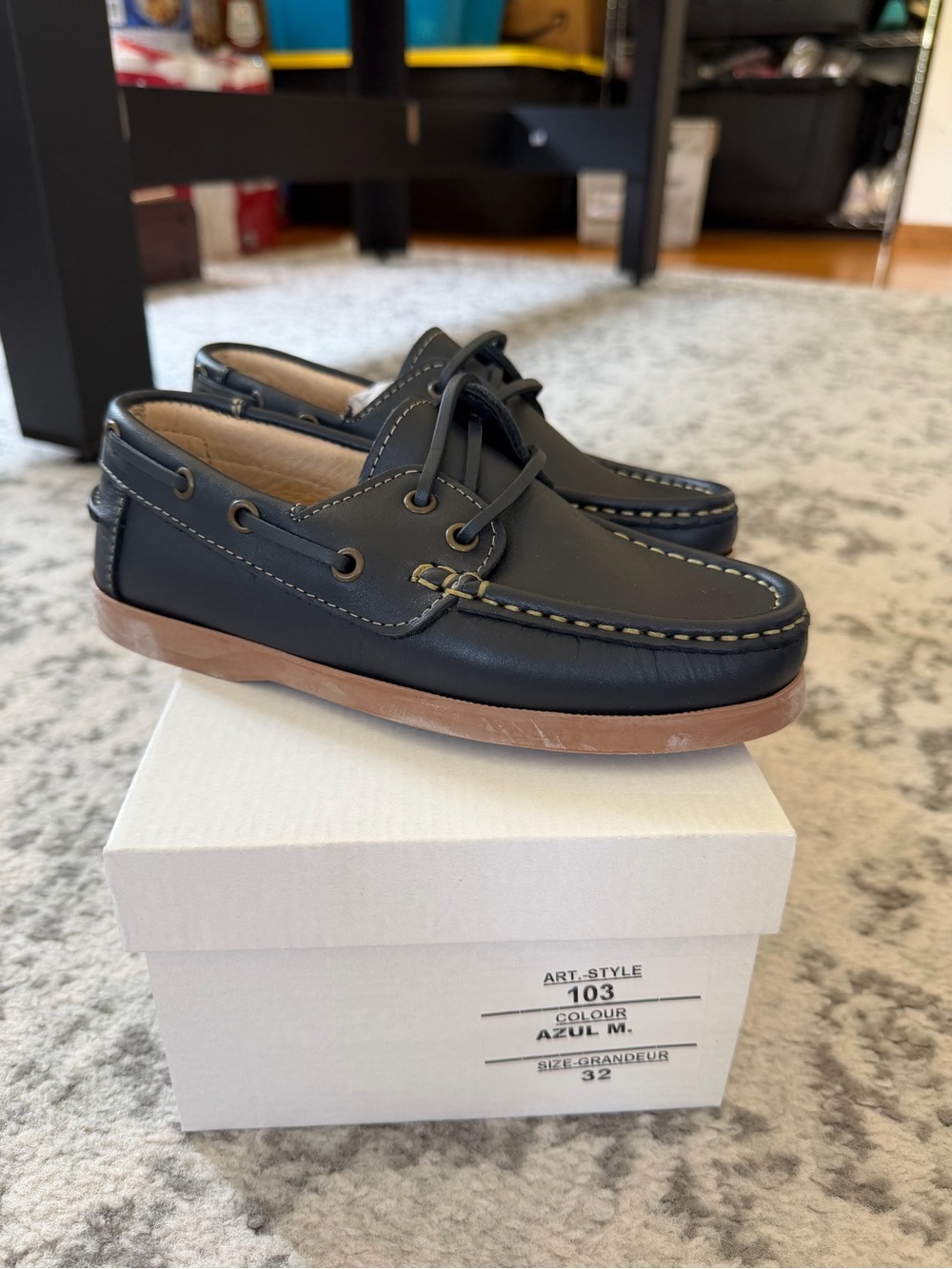 Kids Casual Boat Shoes in Navy with Tan Sole